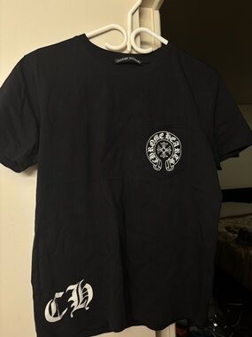 Chrome Hearts Black Tee with White Logo Pocket and Hem Graphics